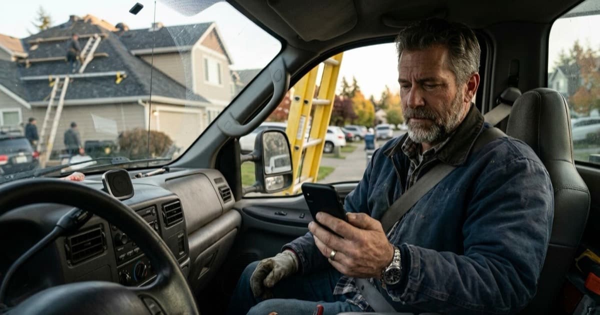 Roofing contractor in a work truck checking new customer inquiries on a phone while a crew works on the roof outside