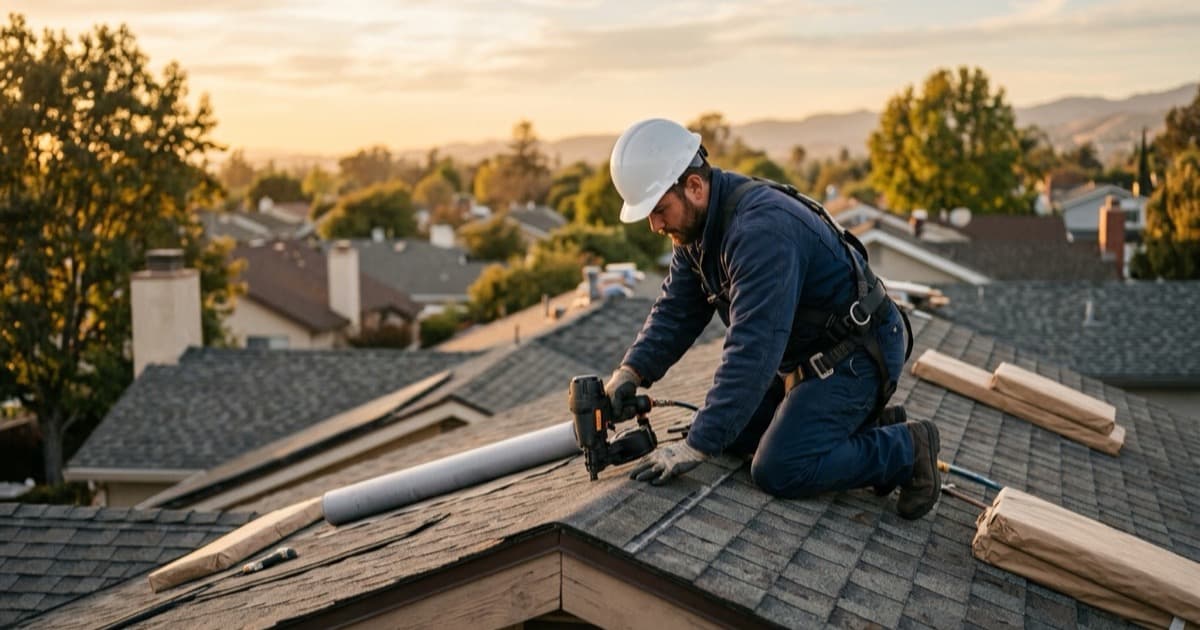 Roofer in a white hard hat and fall-protection gear nailing asphalt shingles on a suburban California home at golden hour
