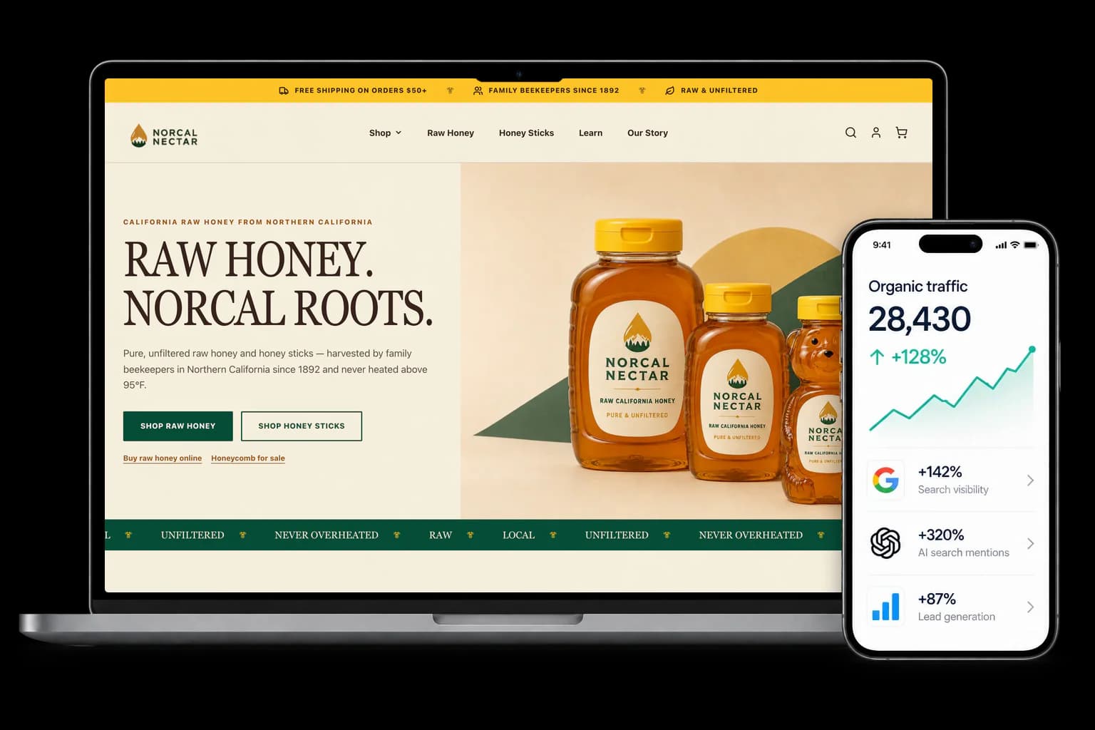 The NorCal Nectar raw honey store, a website built by Verlua, shown on a laptop alongside an illustrative search analytics dashboard on a phone.