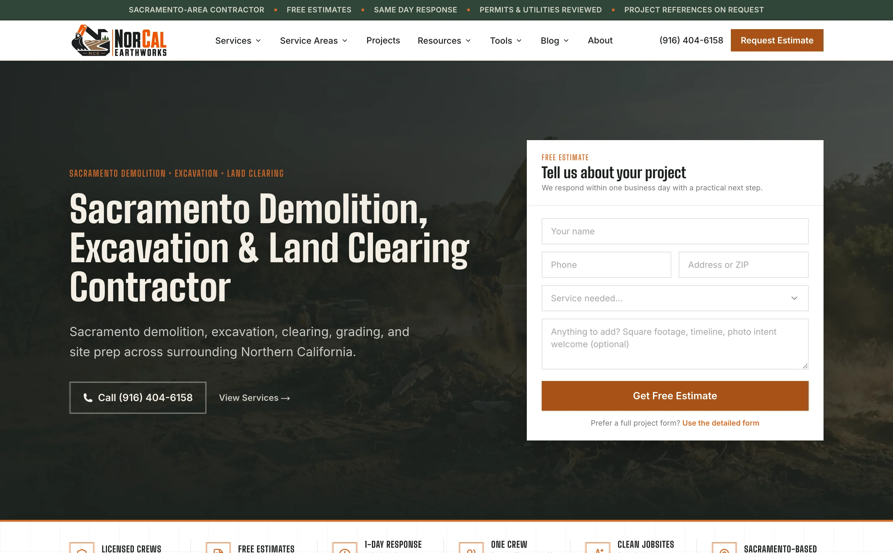 Screenshot of NorCal Earthworks website homepage