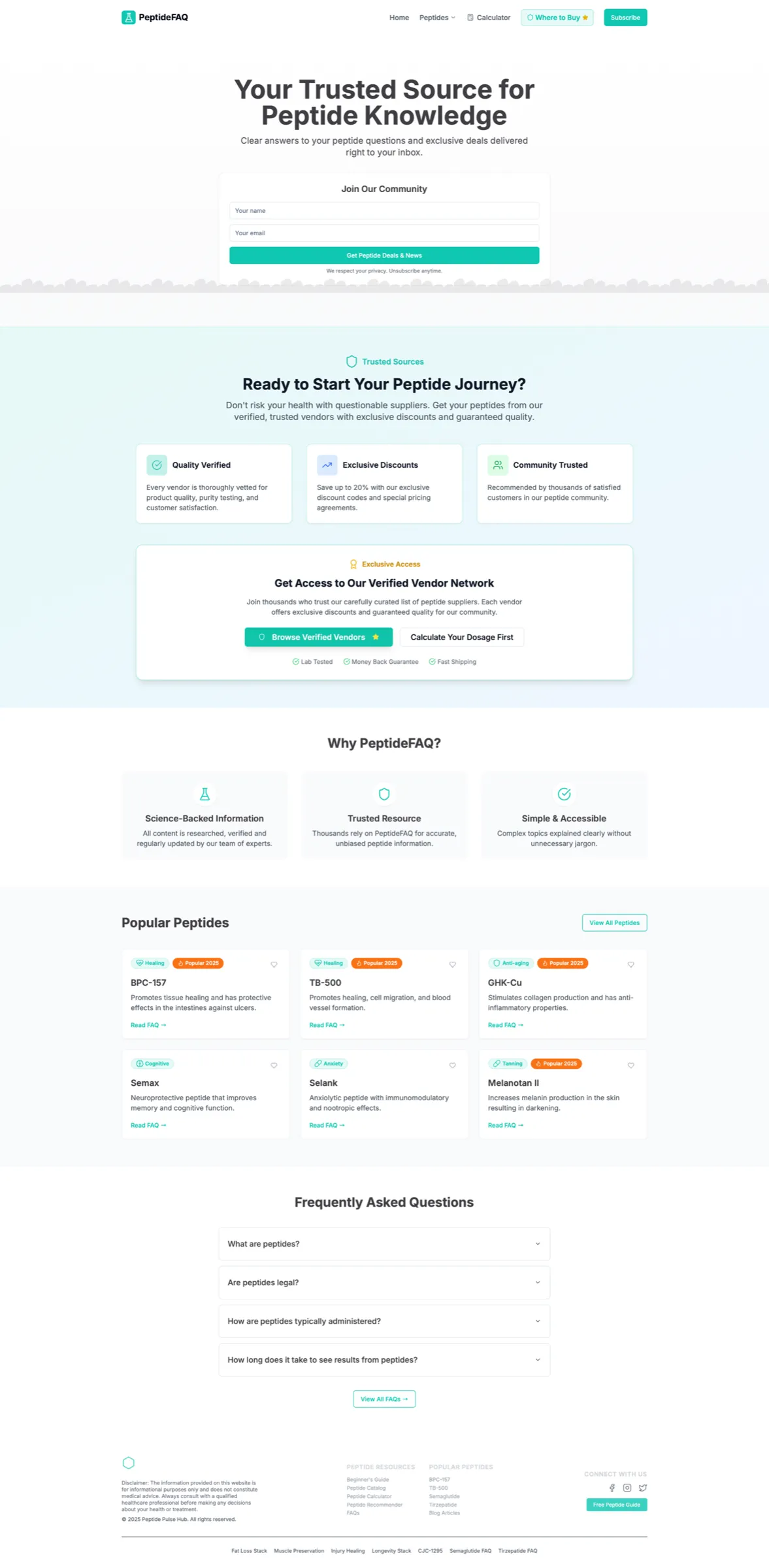 Screenshot of Peptide FAQ website homepage