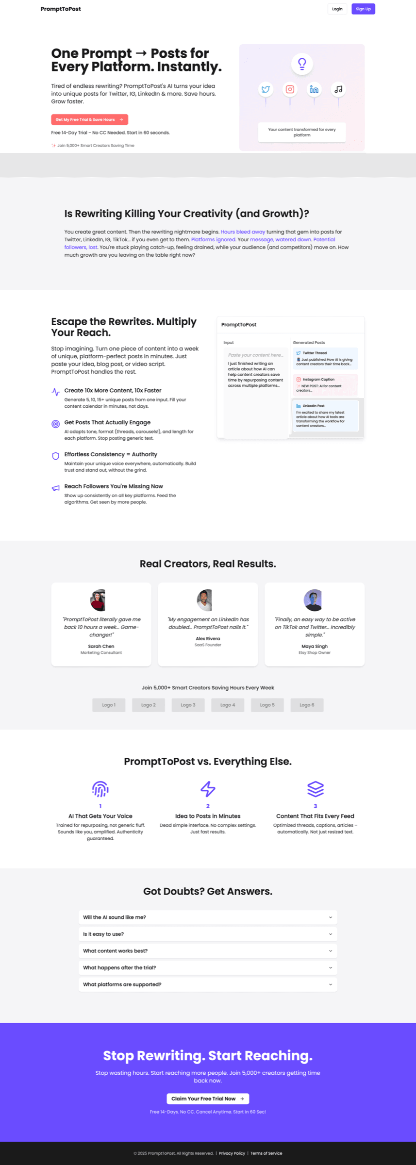 Screenshot of Prompt to Post website homepage
