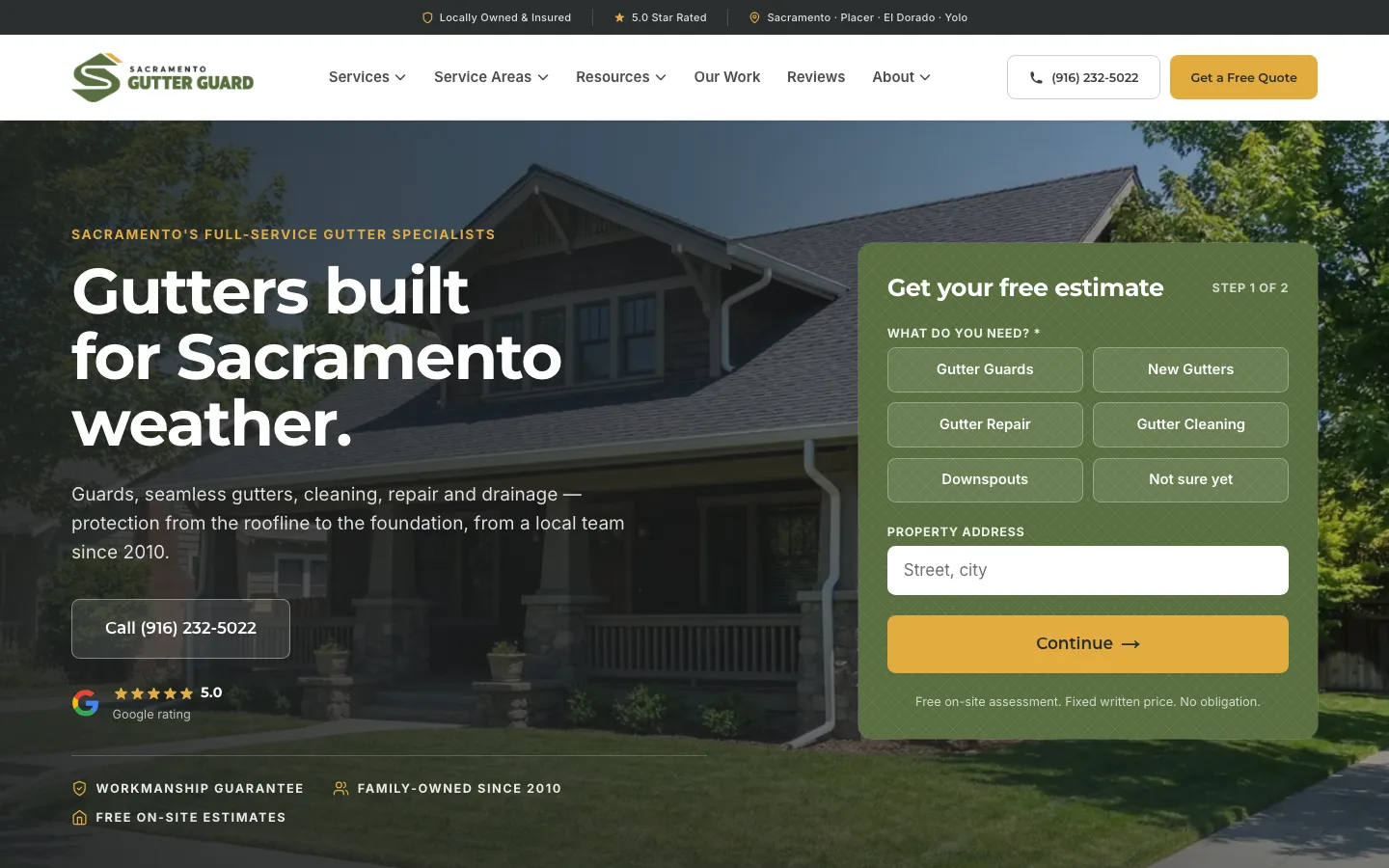 Screenshot of Sacramento Gutter Guard website homepage