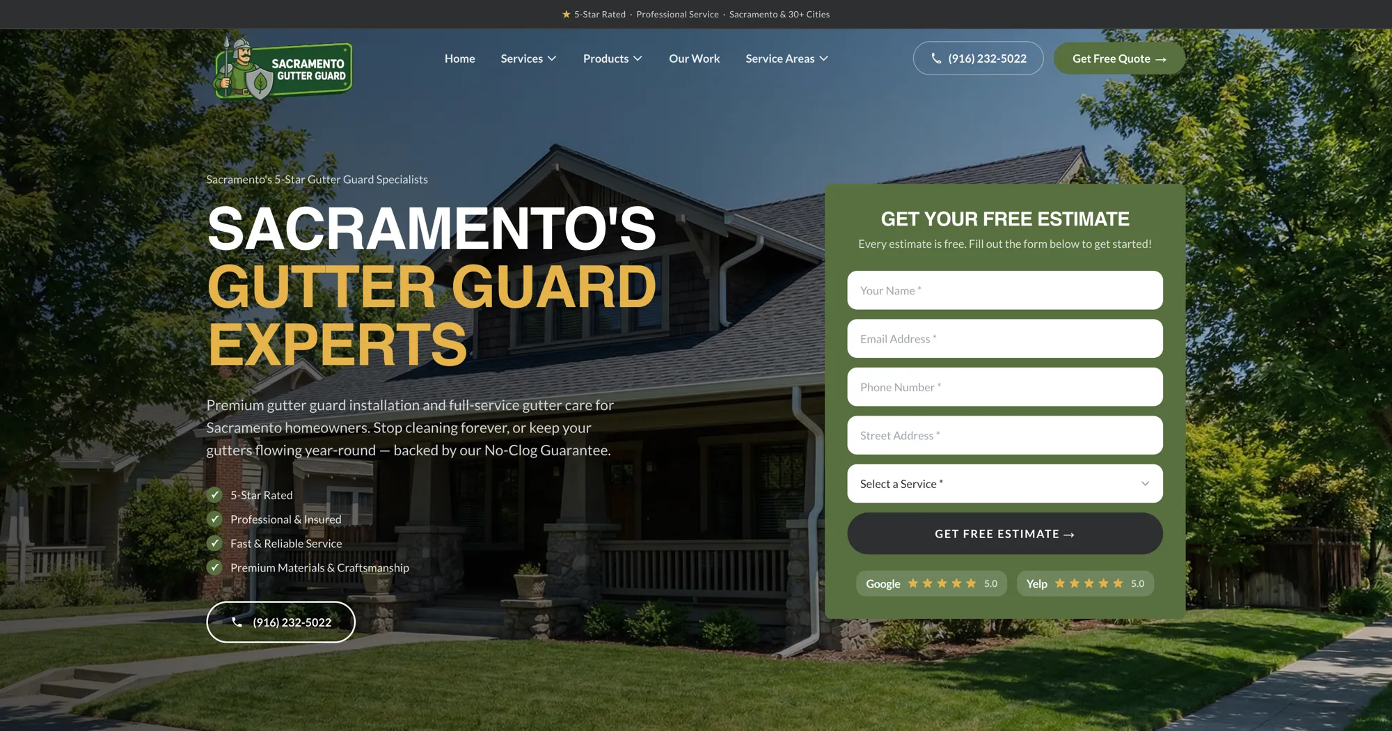 Screenshot of Sacramento Gutter Guard website homepage