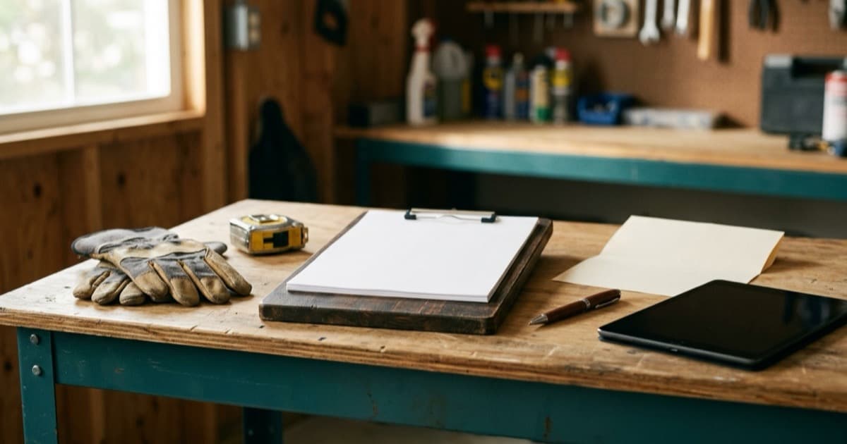 Contractor's workbench with a blank clipboard, tape measure, work gloves and a tablet, the paperwork side of getting Google Verified