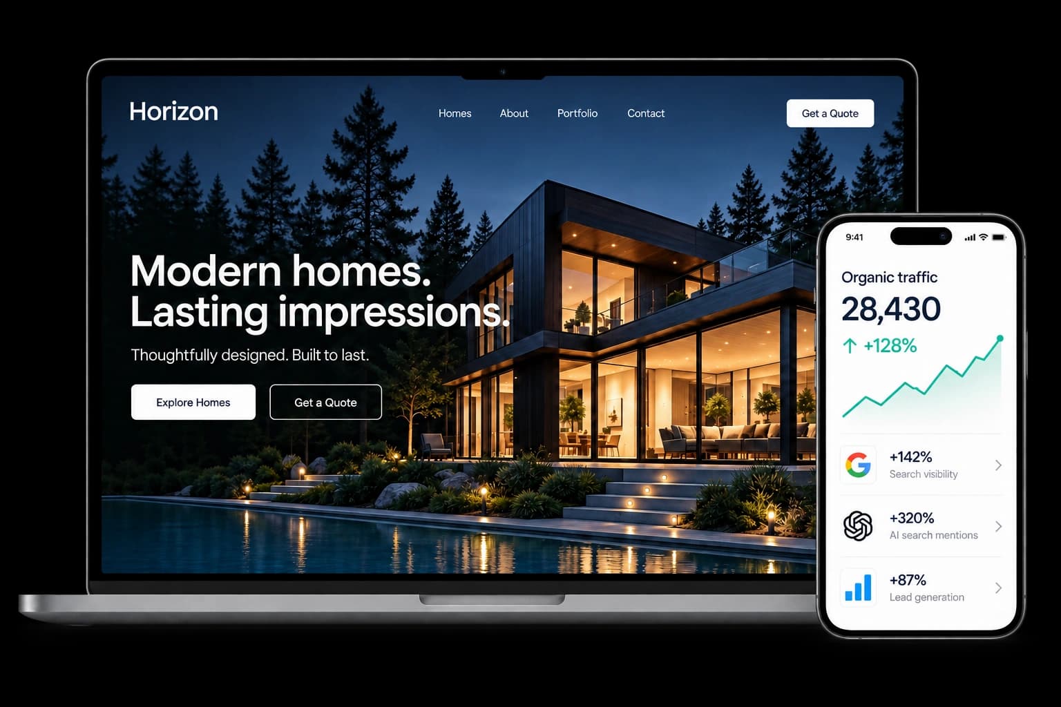 Website design concept: a modern architecture website on a laptop alongside a mobile search analytics dashboard.