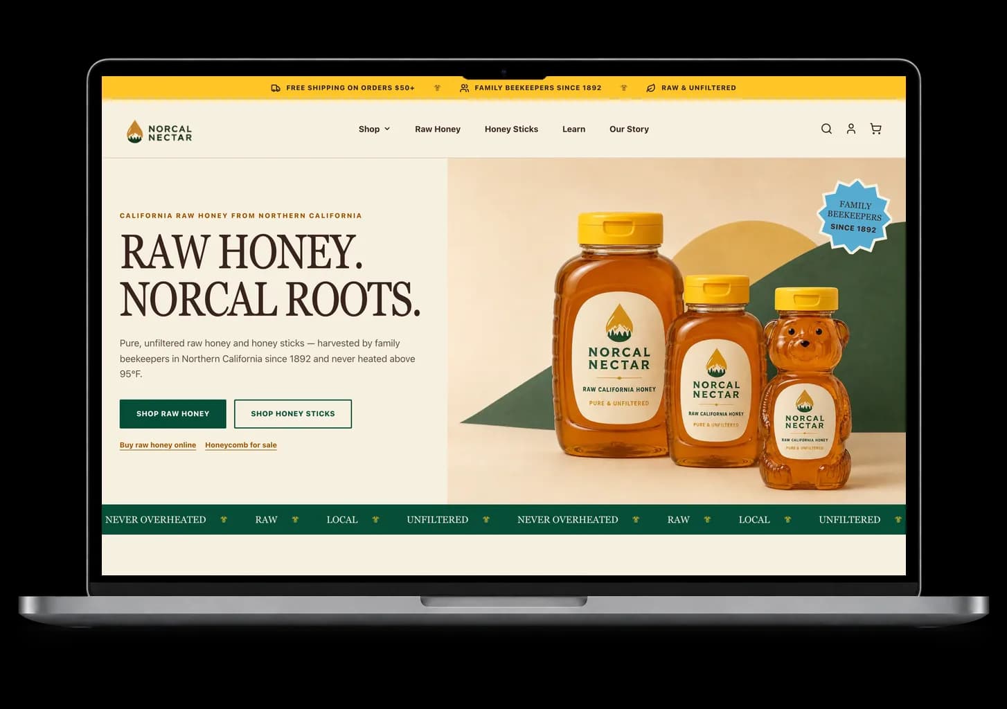 The NorCal Nectar raw honey store, a website built by Verlua, shown on a laptop.