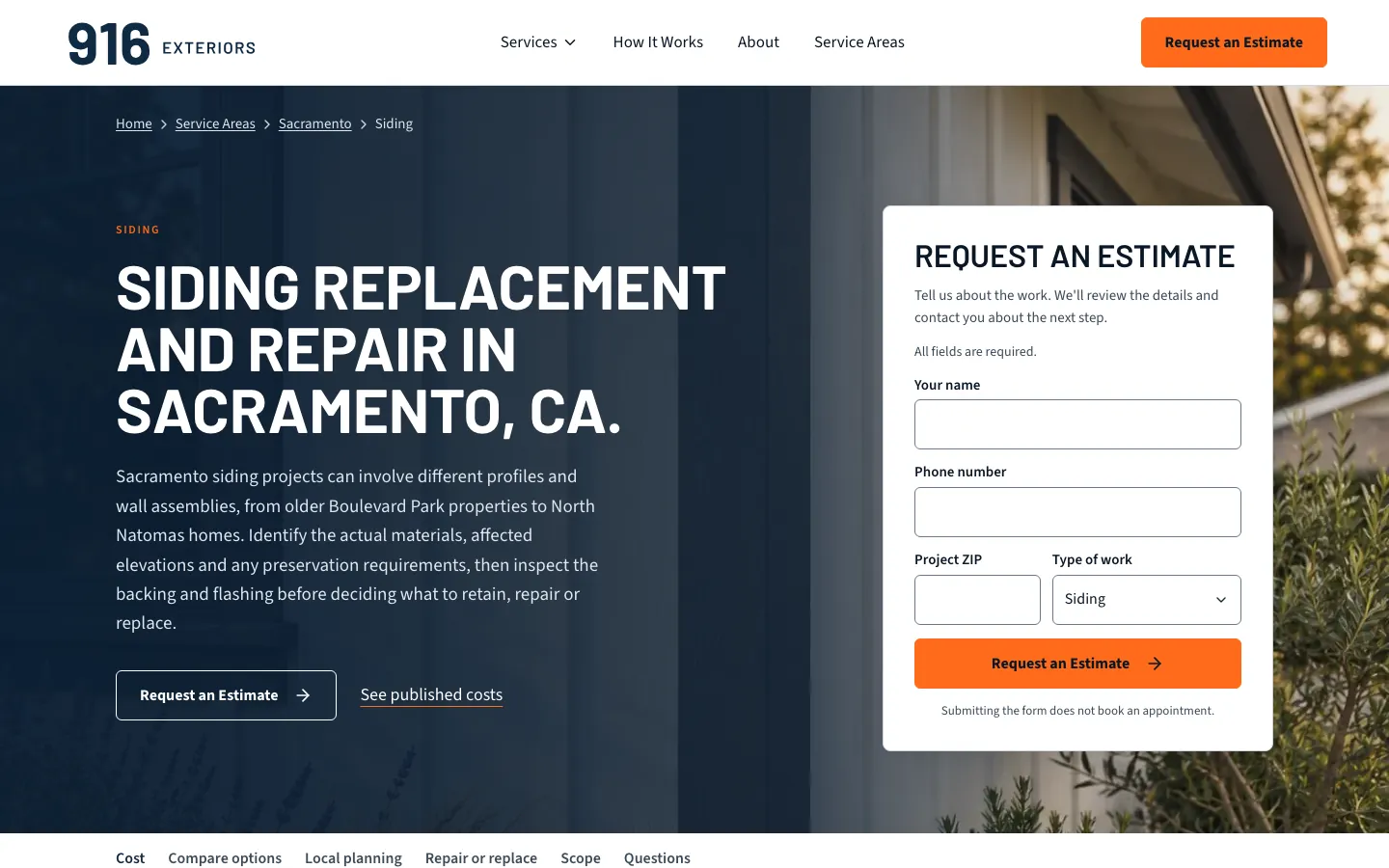 916 Exteriors Sacramento siding page with a city-specific introduction and an estimate form preset to siding