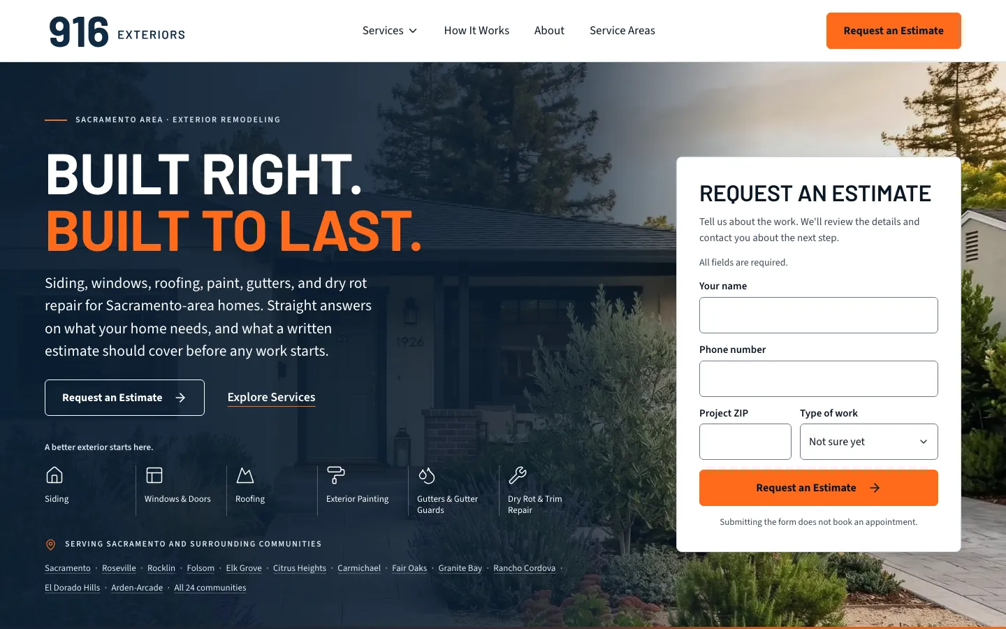 916 Exteriors homepage with a navy and safety-orange hero, exterior service links, and an estimate request form