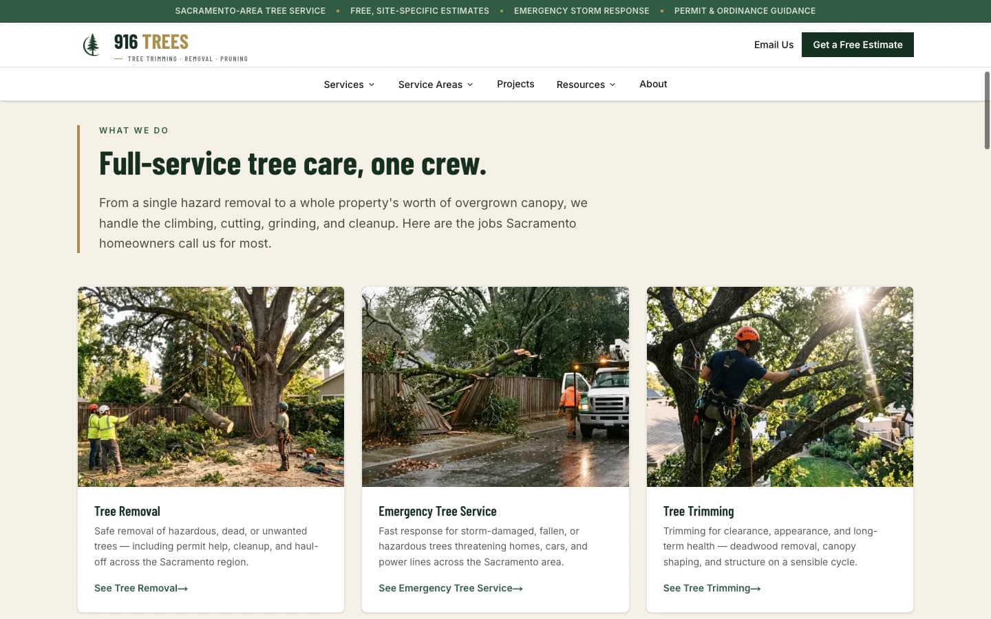 916 Trees service section presenting tree removal, trimming, and related tree care