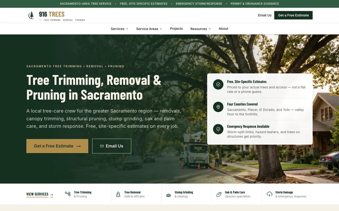 916 Trees homepage featuring Sacramento tree care and a forest-green visual identity