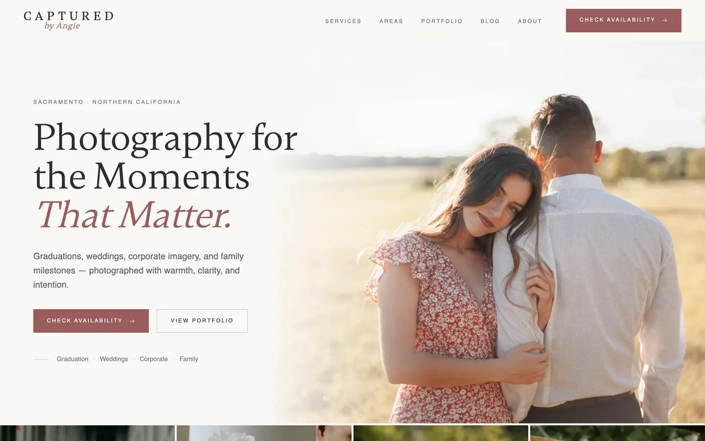 Captured By Angie website homepage (Sacramento Photographer), designed and built by Verlua