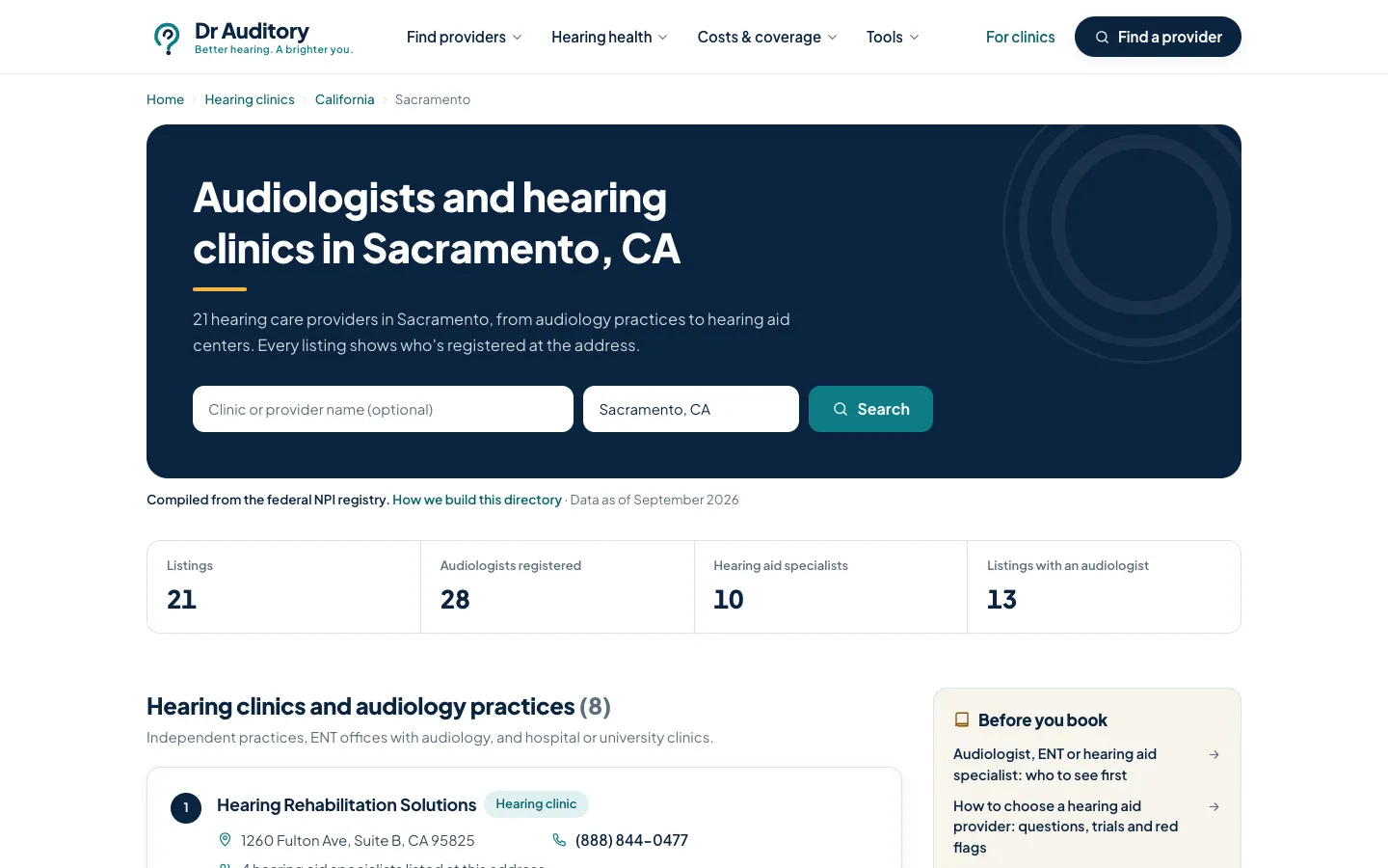 Dr Auditory Sacramento page listing 21 hearing care providers, with registry counts for audiologists and hearing aid specialists and a city search