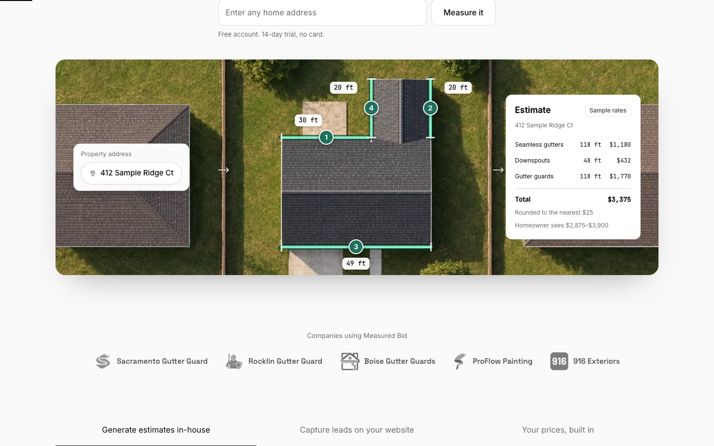 Aerial view of a sample house with four numbered gutter runs and their lengths, beside an itemized estimate with a total and the homeowner's price range