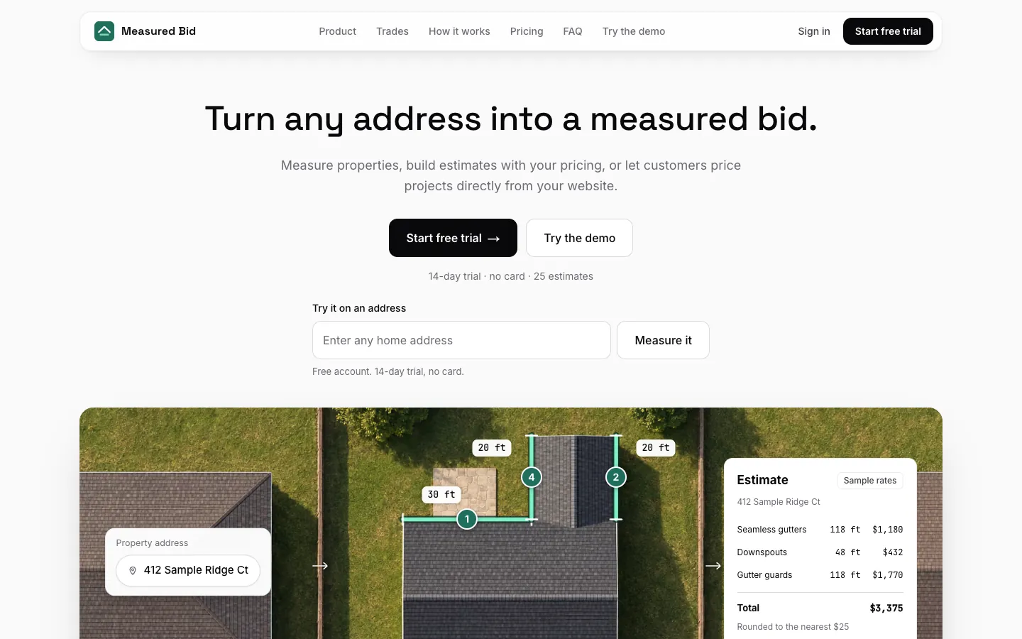Measured Bid homepage with the headline Turn any address into a measured bid, an address field, and an aerial view of a sample house
