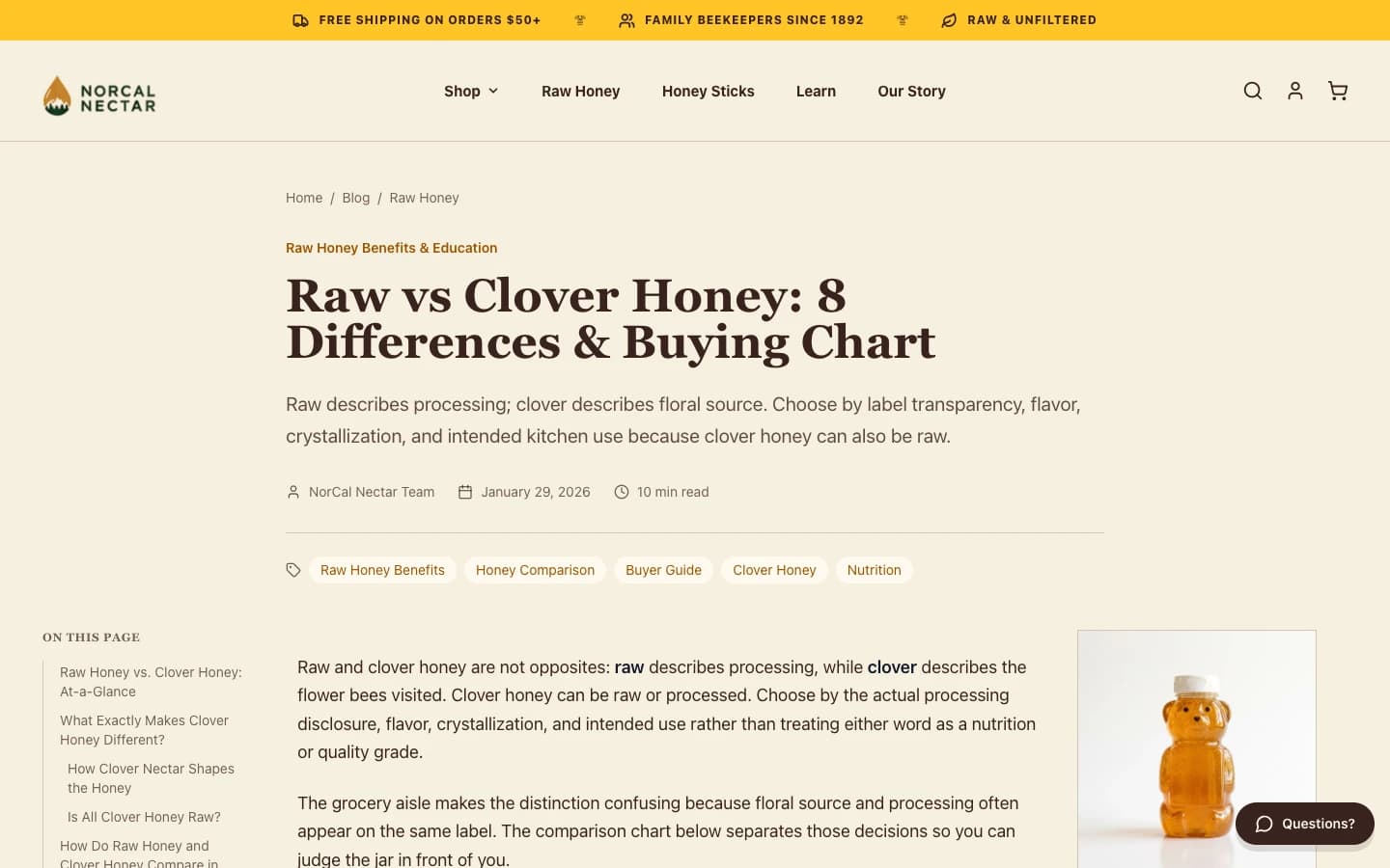 NorCal Nectar raw honey versus clover honey guide, an organic search landing page