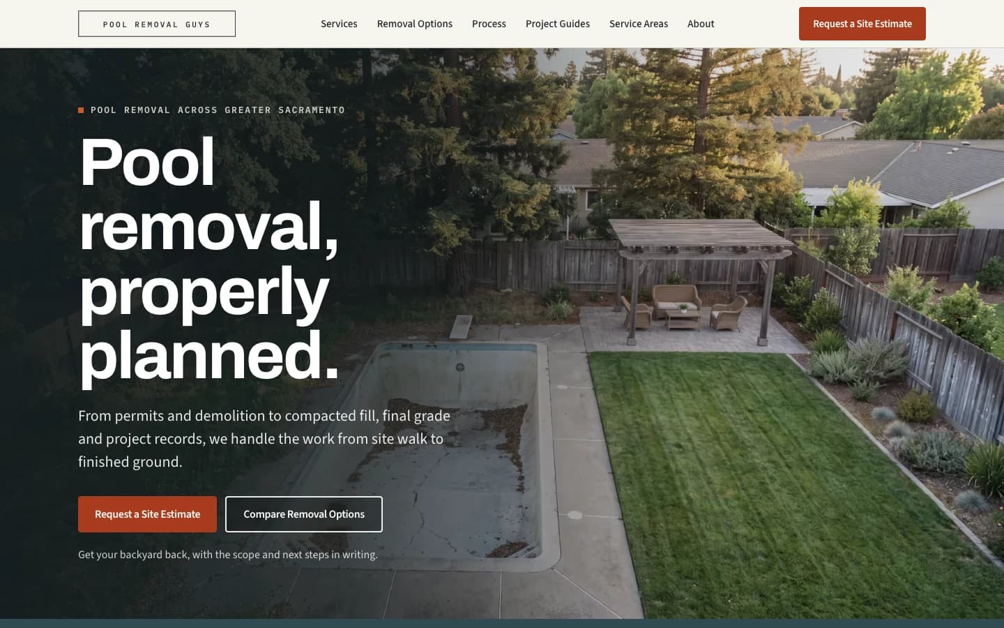 Pool Removal Guys homepage with pool removal imagery and a project scope form