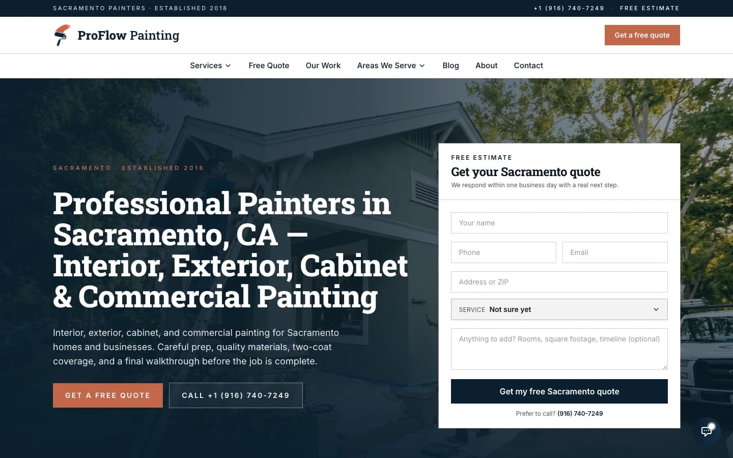 ProFlow Painting homepage with a navy and terracotta design and a Sacramento quote form