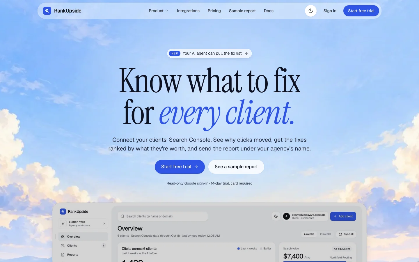 RankUpside homepage with the headline Know what to fix for every client over a painted morning sky, and the agency dashboard below it