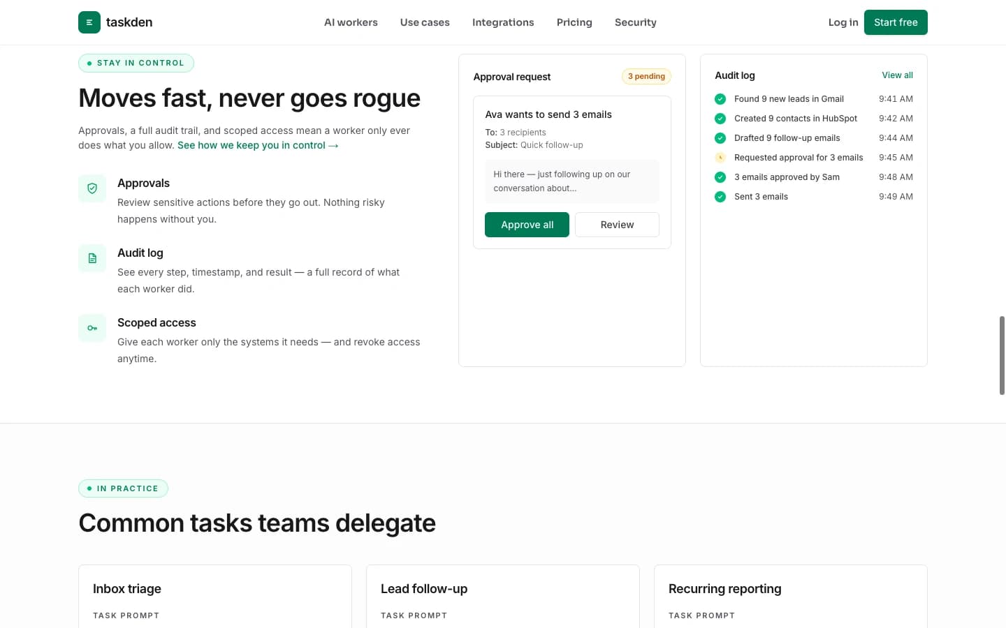 TaskDen product presentation showing approval requests, an audit log, and scoped access