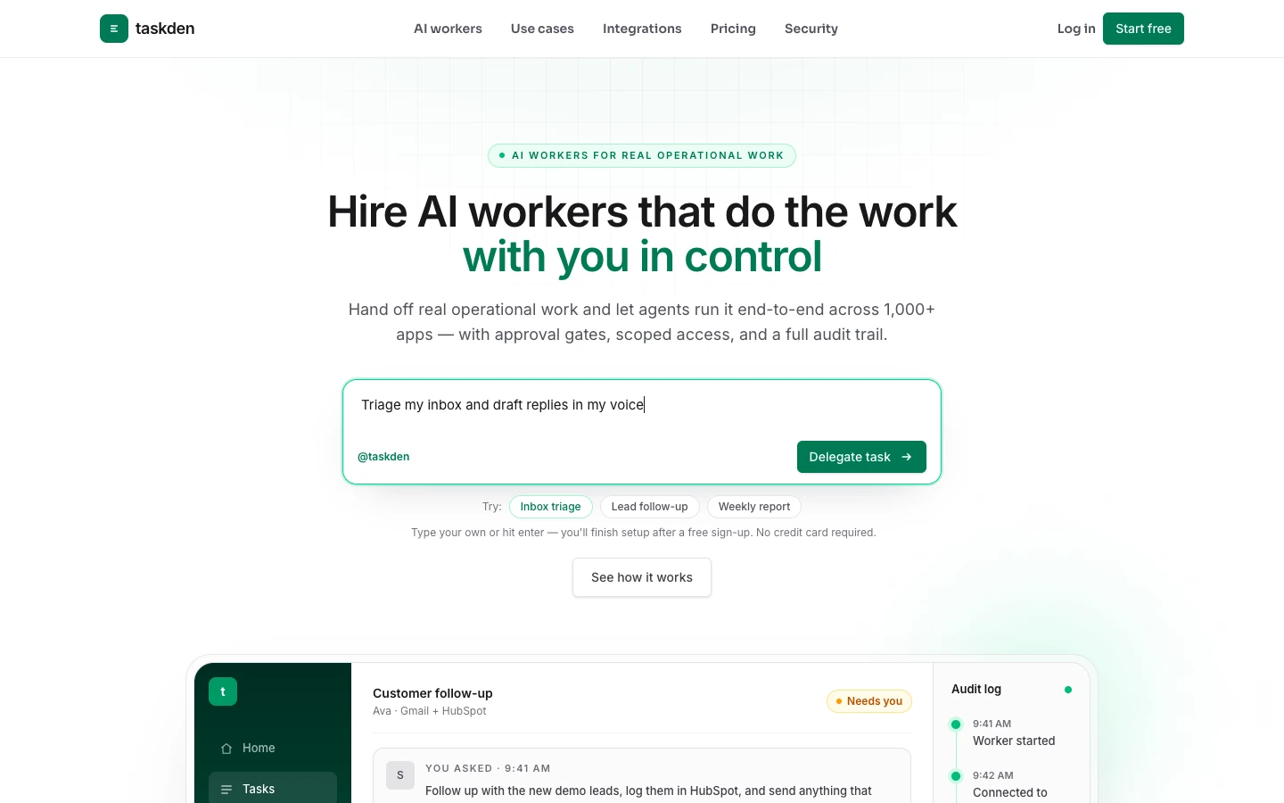 TaskDen homepage with a task delegation composer and a worker activity preview