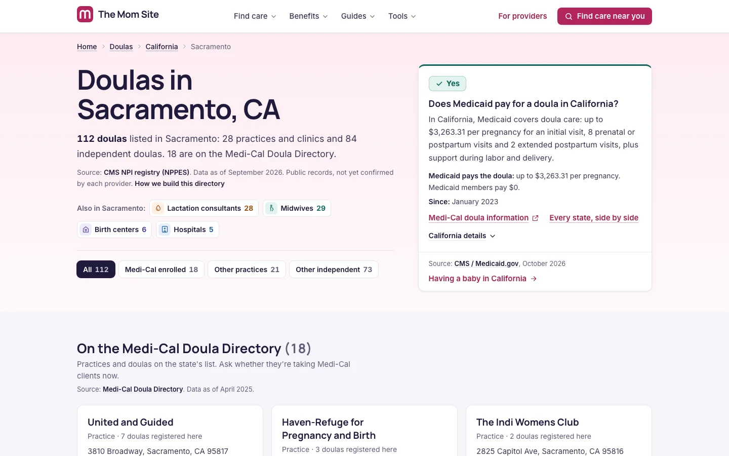 The Mom Site Sacramento page listing 112 doulas, 18 on the Medi-Cal Doula Directory, beside a card explaining that Medi-Cal pays up to $3,263.31 per pregnancy for doula care