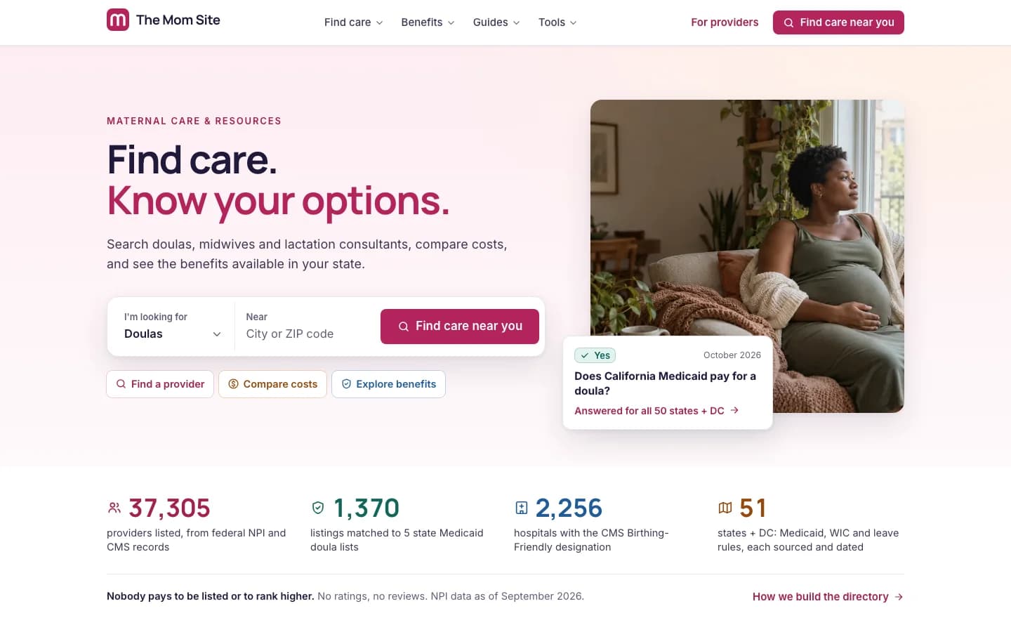 The Mom Site homepage with a Find care, know your options headline, a care type and city search, a photo of a pregnant woman resting at home, and counts of listed providers, Medicaid-listed doulas, and Birthing-Friendly hospitals