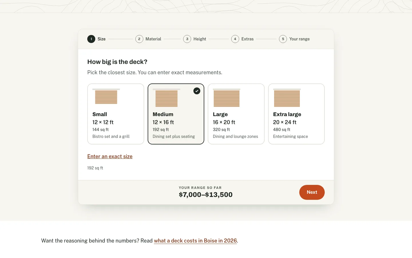Valley Decks deck cost calculator on the size step, with small, medium, large and extra large deck cards and a running price range of $7,000 to $13,500