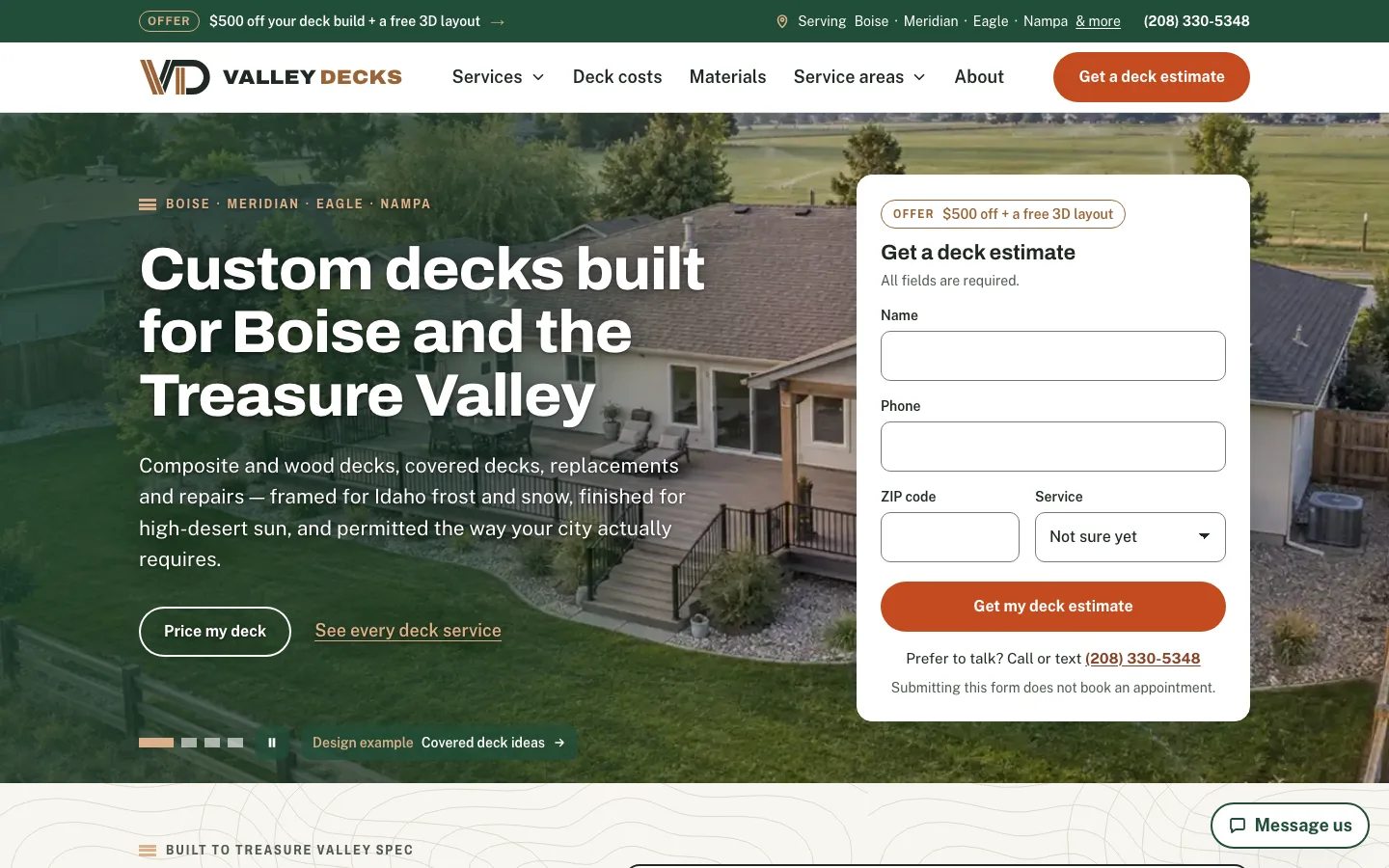 Valley Decks homepage with a Custom decks built for Boise and the Treasure Valley headline over a raised composite deck, and a short deck estimate form with name, phone, ZIP code and service