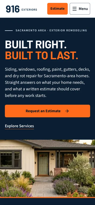916 Exteriors homepage on a phone: the headline, a full-width Request an Estimate button and a photo of a finished house exterior