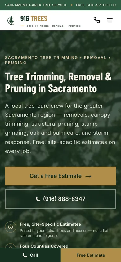 916 Trees homepage on a phone: the headline, Get a Free Estimate and phone buttons, and a bottom bar with Call and Free Estimate