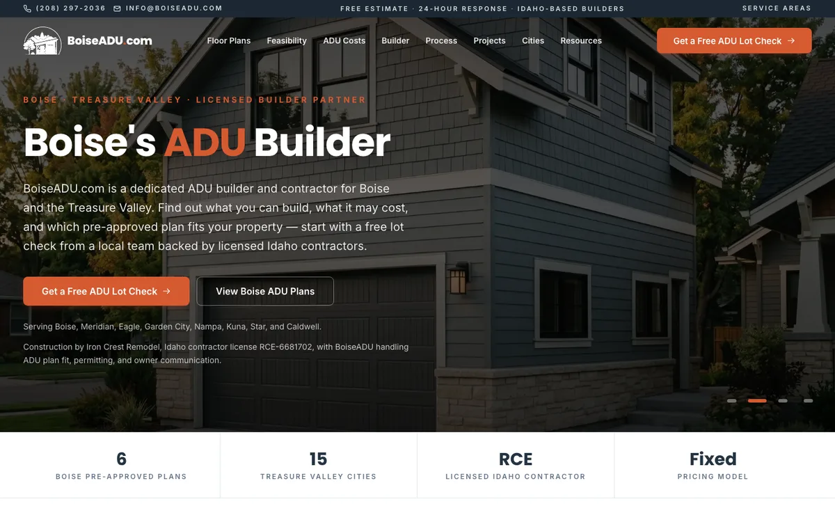 Boise ADU homepage on desktop: the headline "Boise's ADU Builder," Get a Free ADU Lot Check and View Boise ADU Plans buttons, the towns served, the builder's Idaho license line, and a strip with plan count and pricing model