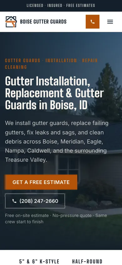 Boise Gutter Guards homepage on a phone: the condensed headline, a Get a Free Estimate button and the phone number, with a call icon in the header