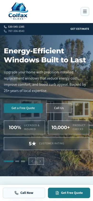 Colfax Glass homepage on a phone: both phone numbers under the logo, the hero slide, and a bottom bar with Call Now and Get Free Quote
