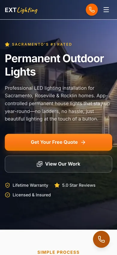 EXT Lighting homepage on a phone: the headline, Get Your Free Quote and View Our Work buttons, and a floating orange call button