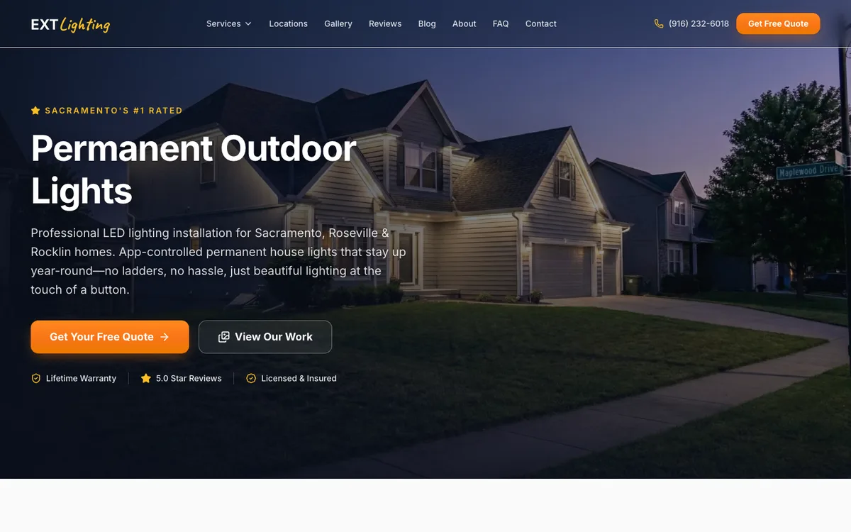 EXT Lighting homepage on desktop: the headline "Permanent Outdoor Lights" over a night photo of a two-story house lit along its roofline, with Get Your Free Quote and View Our Work buttons