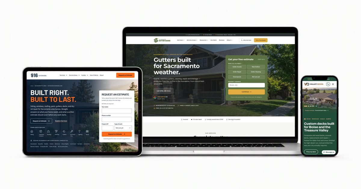 A laptop, tablet and phone showing three contractor websites built by Verlua: Sacramento Gutter Guard on the laptop, 916 Exteriors on the tablet and Valley Decks on the phone