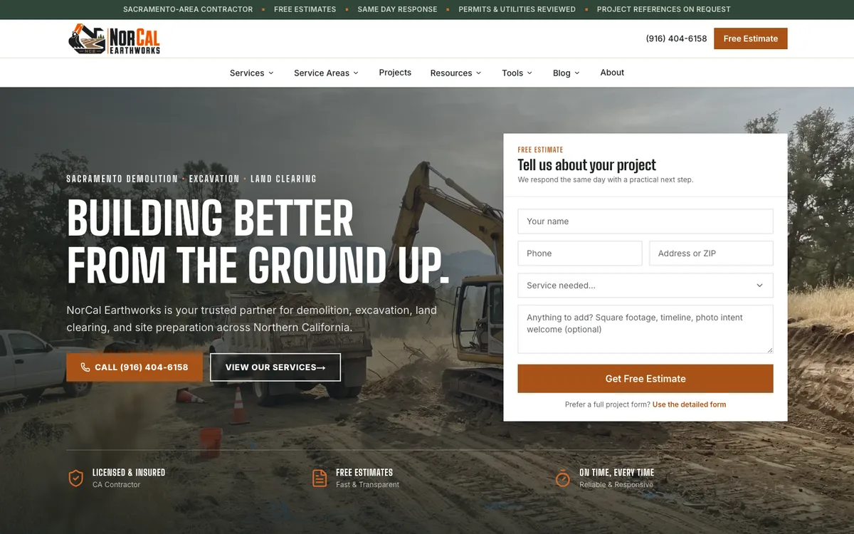 NorCal Earthworks homepage on desktop: the headline "Building Better From the Ground Up" over an excavator clearing land, a call button, and a Tell us about your project form on the right