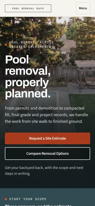 Pool Removal Guys homepage on a phone: the headline, a Request a Site Estimate button and a Compare Removal Options button