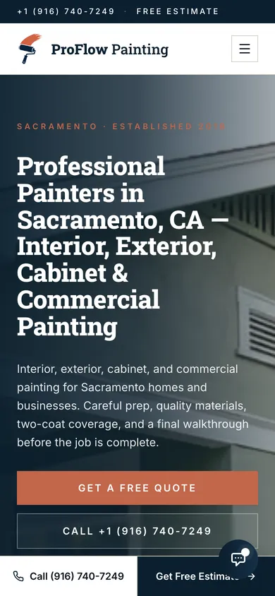 ProFlow Painting homepage on a phone: the long headline, Get a Free Quote and Call buttons, and a bottom bar with the phone number and Get Free Estimate
