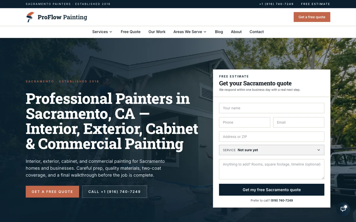 ProFlow Painting homepage on desktop: the headline "Professional Painters in Sacramento, CA" listing interior, exterior, cabinet and commercial painting, with a Get your Sacramento quote form on the right