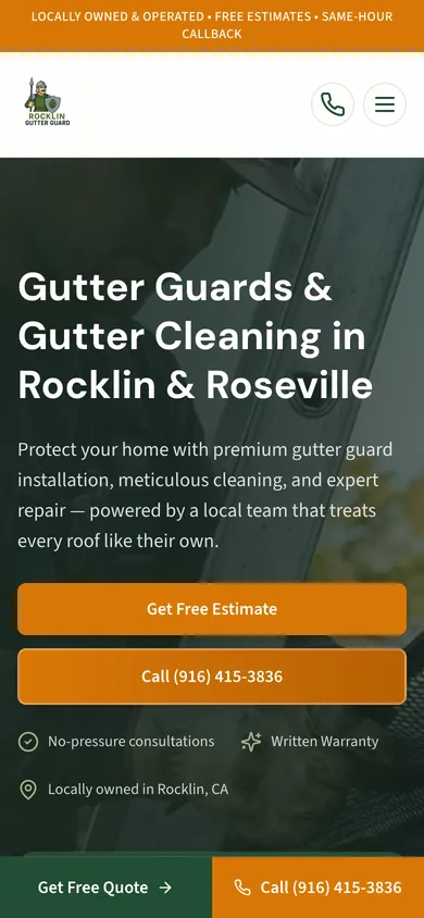 Rocklin Gutter Guard homepage on a phone: the headline, orange Get Free Estimate and Call buttons, and a bottom bar with Get Free Quote and the phone number