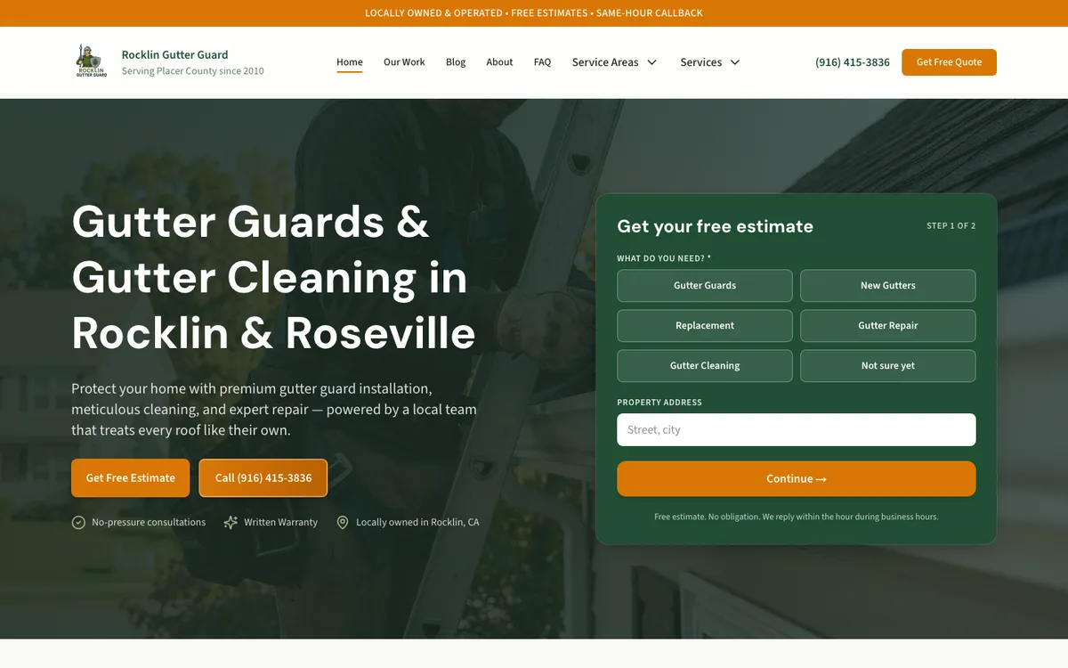 Rocklin Gutter Guard homepage on desktop: the headline "Gutter Guards & Gutter Cleaning in Rocklin & Roseville," Get Free Estimate and call buttons, and a green two-step estimate form