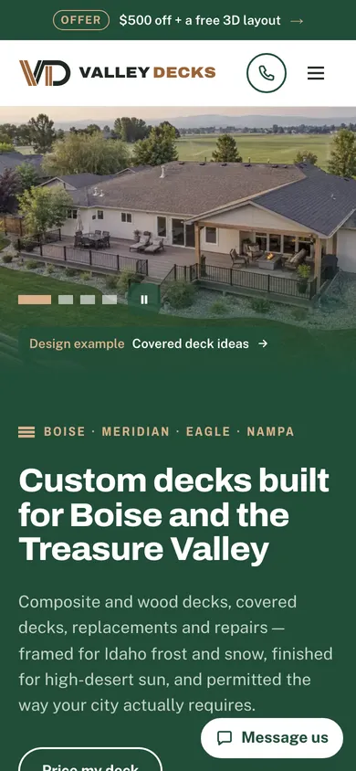 Valley Decks homepage on a phone: the offer bar, a photo of a finished deck, the headline and a Message us button