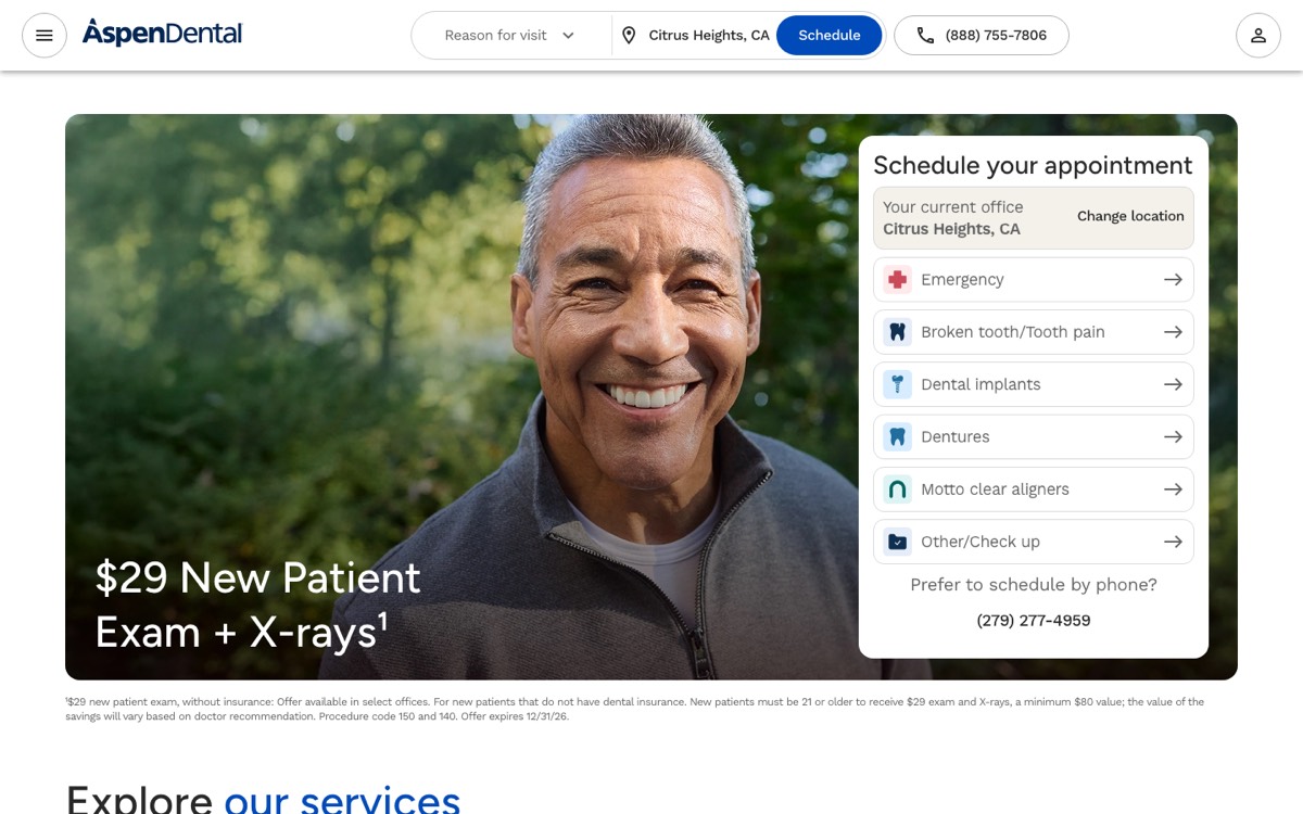 Above-the-fold screenshot of Aspen Dental's landing page showing a $29 New Patient Exam and X-rays offer and a Schedule your appointment card with a preselected office and reason-for-visit buttons