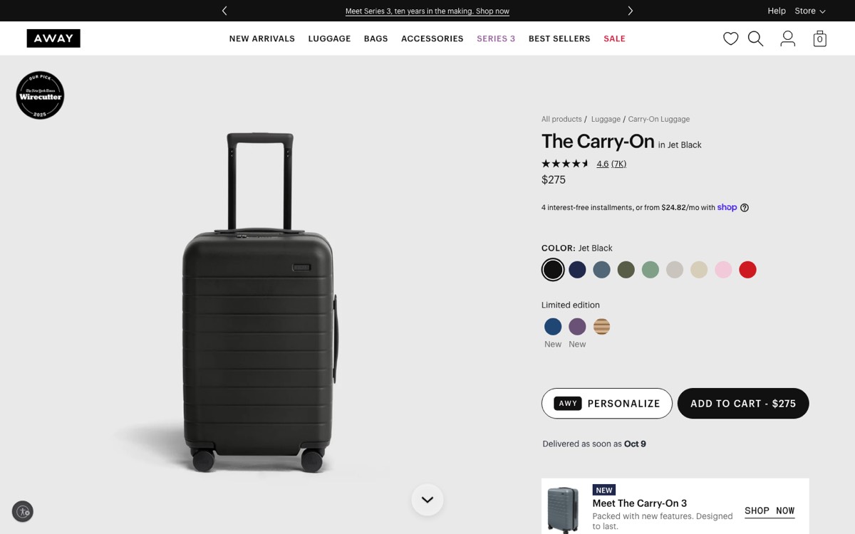 Above-the-fold screenshot of Away's Carry-On product page showing the suitcase, a Wirecutter Our Pick badge, a 4.6 star rating from about 7,000 reviews, the $275 price, color swatches and an Add to Cart button with the price on it