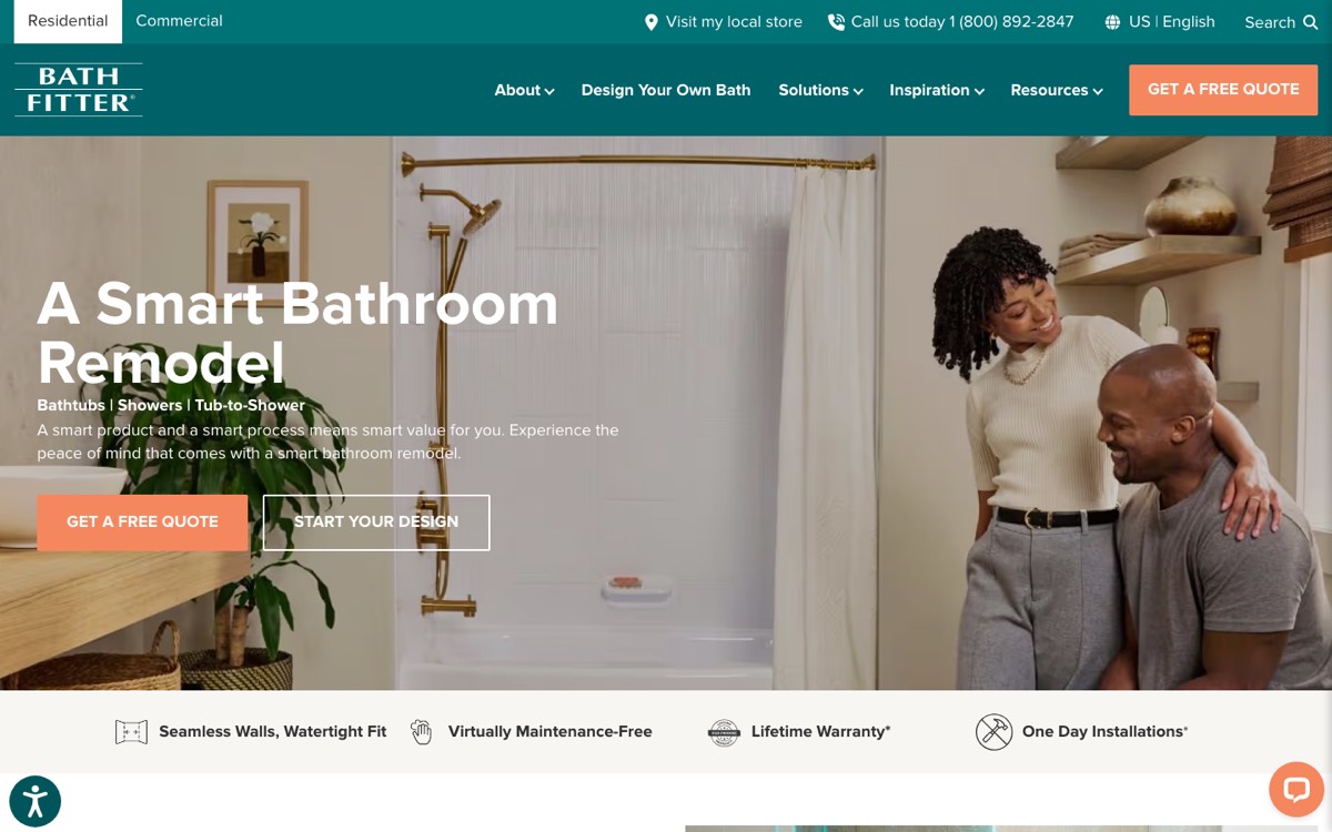 Above-the-fold screenshot of Bath Fitter's bathroom remodel landing page showing the headline "A Smart Bathroom Remodel", Get a Free Quote and Start Your Design buttons, and a strip listing lifetime warranty and one-day installation