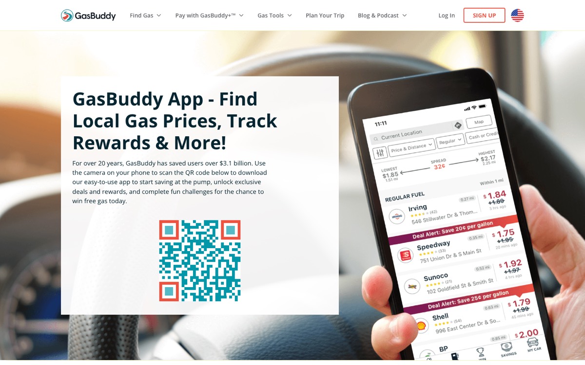 Above-the-fold screenshot of GasBuddy's app download page showing the headline "GasBuddy App - Find Local Gas Prices, Track Rewards & More!", a QR code to scan and a phone displaying nearby gas prices