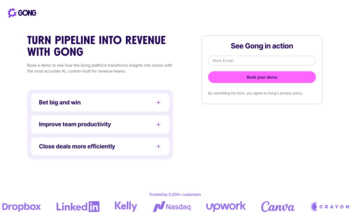 Above-the-fold screenshot of Gong's demo request landing page showing the headline "Turn pipeline into revenue with Gong", a single work email field with a Book your demo button, and a row of customer logos