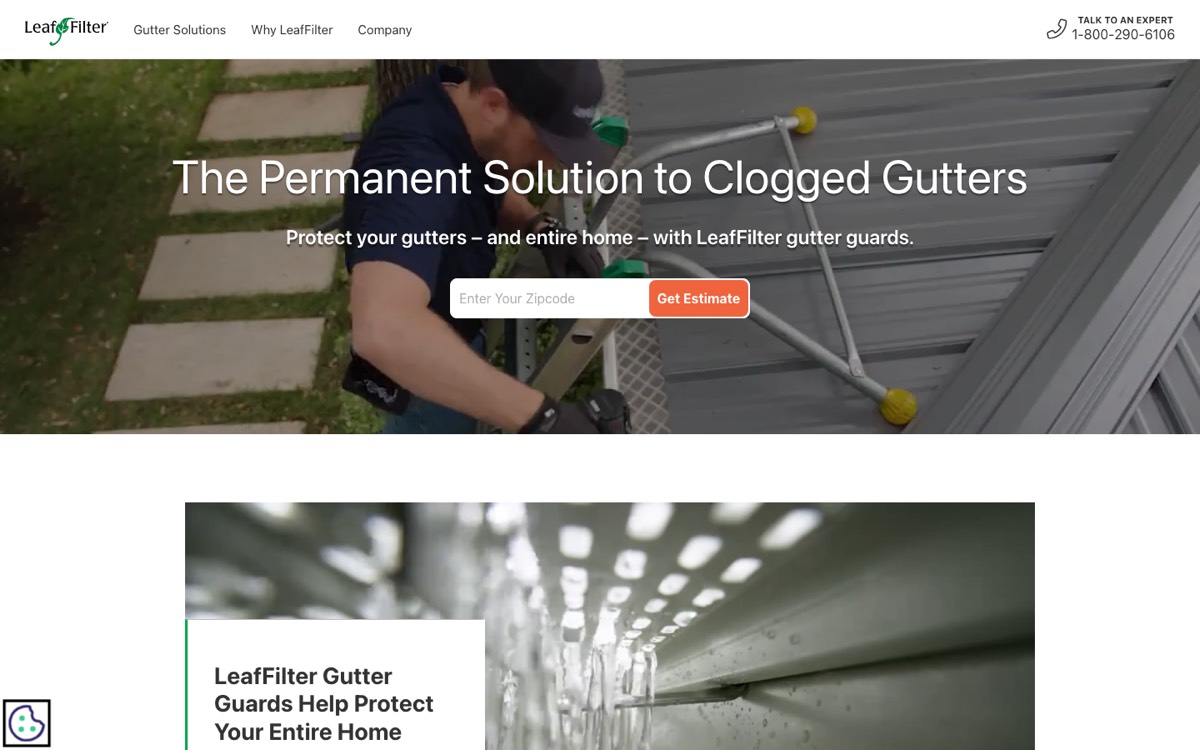 Above-the-fold screenshot of LeafFilter's gutter guard landing page showing the headline "The Permanent Solution to Clogged Gutters", a zip code field with a Get Estimate button, and a phone number in the header